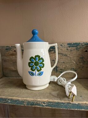 Vintage Blue and White Electric Coffee Pot with Blue Lid and Green Floral Motif